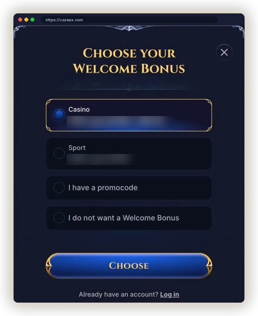 Cazeus Choose your Welcome Bonus screen with Casino, Sport, promo code and no bonus options