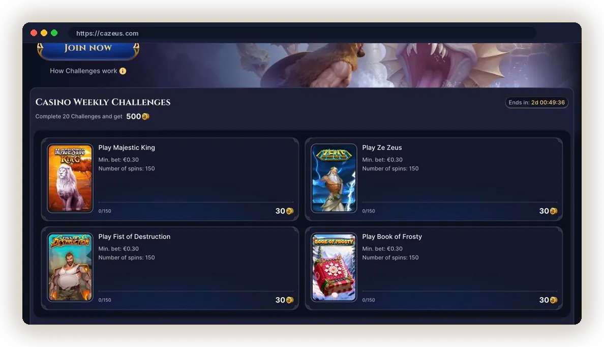 Cazeus Casino Weekly Challenges with slot tasks, spin counters and coin rewards