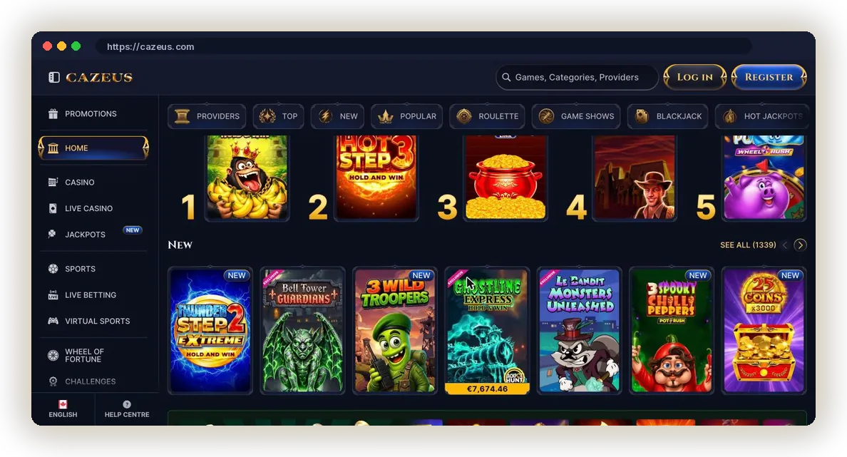 Cazeus casino lobby rows with numbered Top games and new slot releases