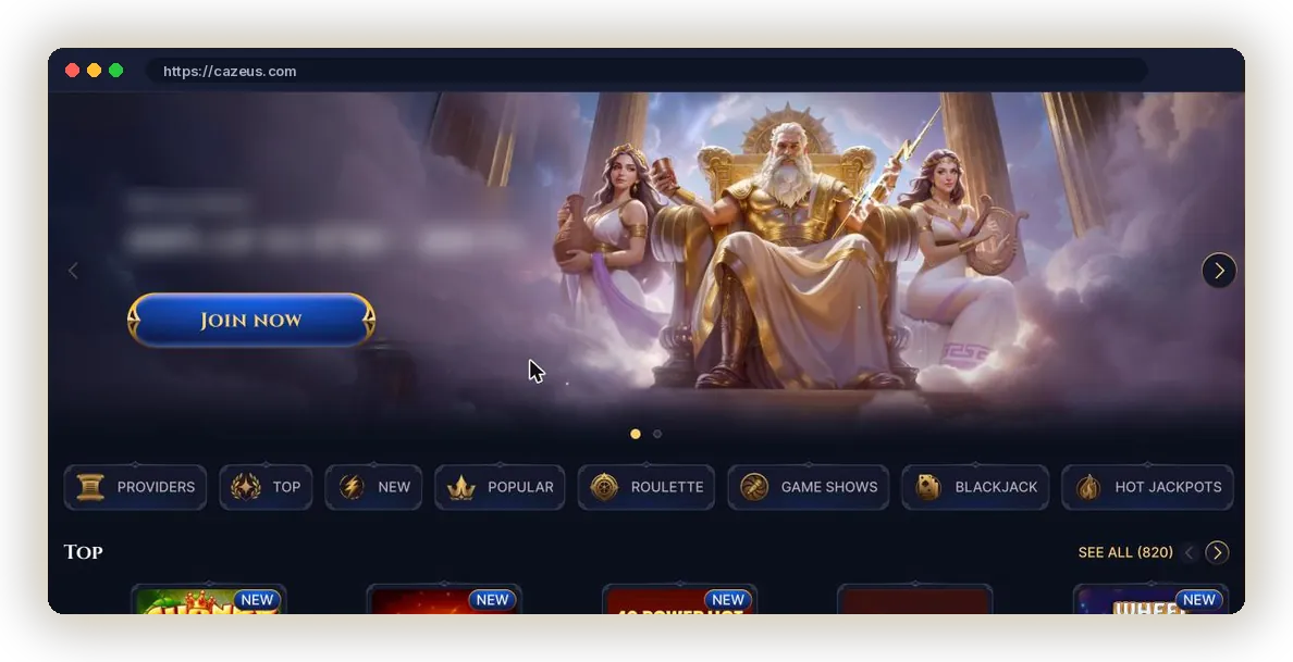 Cazeus casino lobby with Zeus banner, category chips and the Top games row