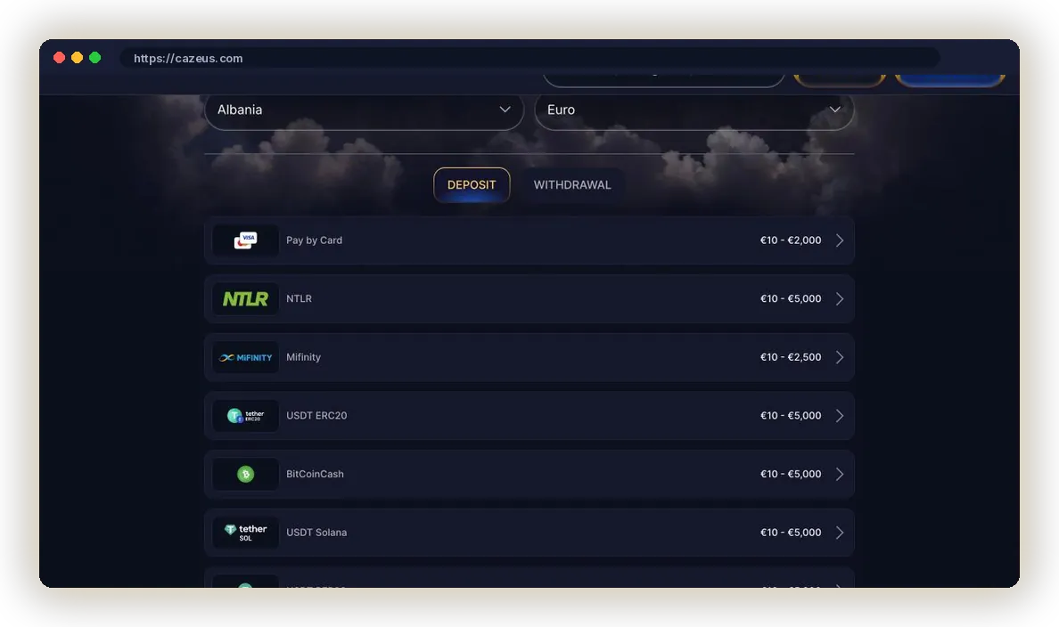 Cazeus Payments page with card, Mifinity and crypto deposit options and limits