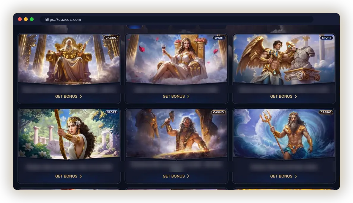 Cazeus Promotions page with Greek god artwork for reload and cashback offers