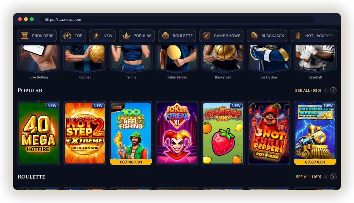 Cazeus sport tiles for live betting, football, tennis, basketball and ice hockey
