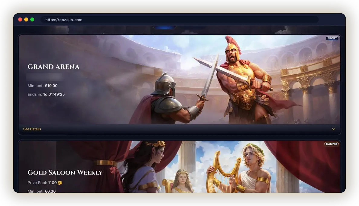 Cazeus Tournaments page showing the Grand Arena sport tournament card