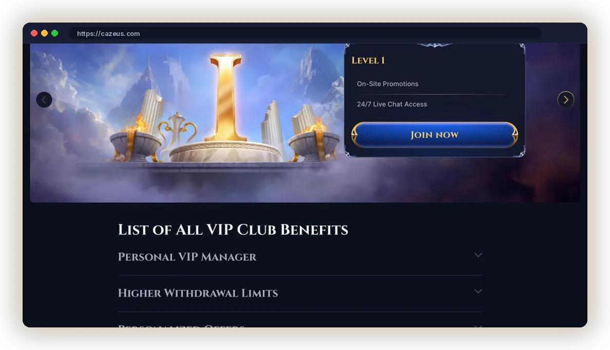 Cazeus VIP Club page with the Level 1 card and the list of VIP benefits